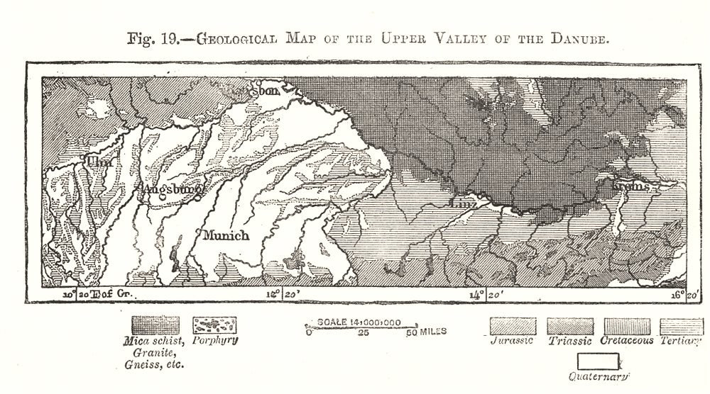Geological Map of the Upper Valley of the Danube. Austria. Sketch map 1885